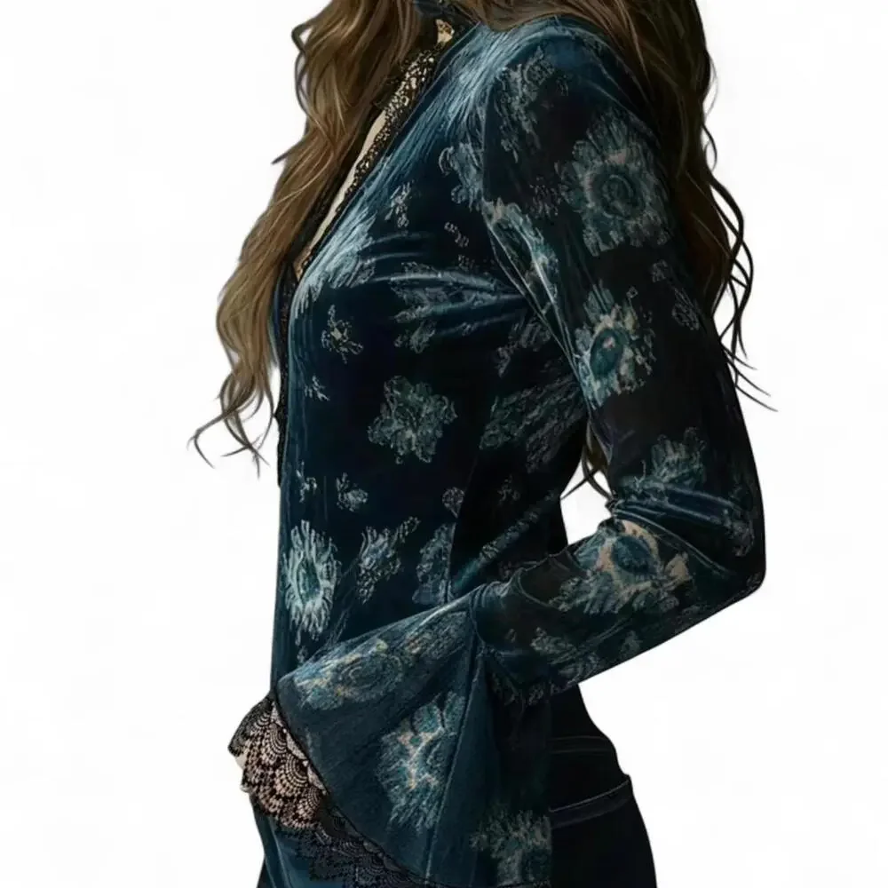 NEW Beautiful Vintage S-XL Boho Blue Velvet Blouse Lace Trim Floral Print Top - Picture 5 of 10